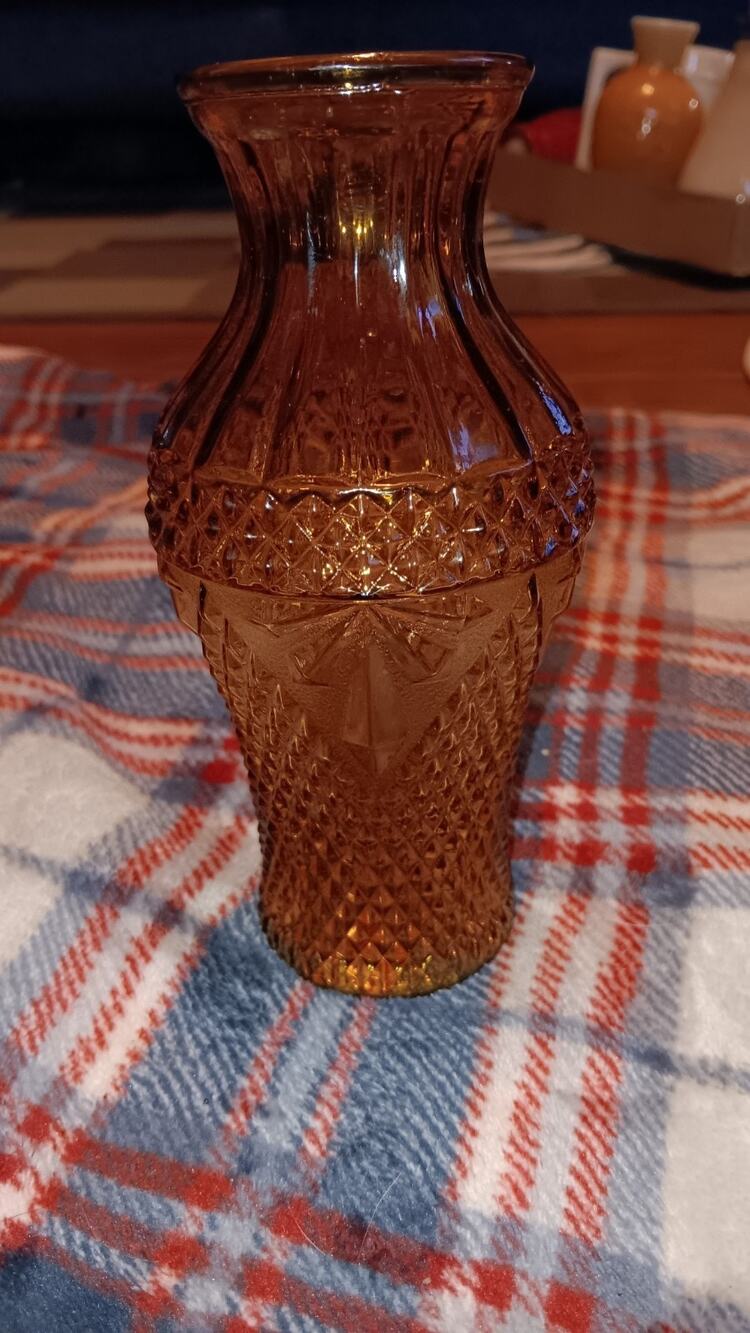 Vintage Amber Glass Vase Diamond Pattern 6.5" Tall. Made In Tiawan
